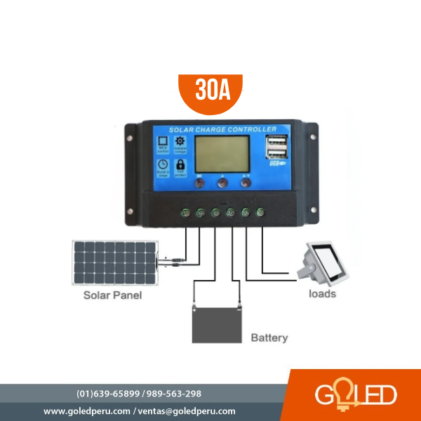 Regulador Controlador Carga Panel Solar 30A 12v~24v, Pantalla y 2 Puertos  USB de 3A